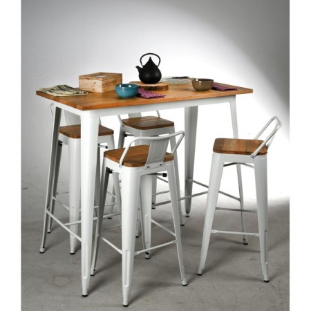 Industrial high table set white metal and oiled wood sleep + 4 outdoor stools