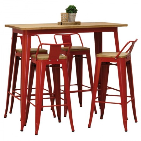Industrial high table set red metal, 4 wooden stools of outer elm
