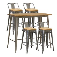 Ensemble table haute industrielle acier brossé bois d orme, 4 tabourets intérieur extérieur