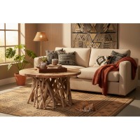 Tavolino rotondo in puzzle in teak con piedini di radice Ø80 cm H45 cm, coperto coperto esterno