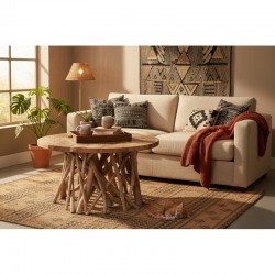 Tavolino rotondo in puzzle in teak con piedini di radice Ø80 cm H45 cm, coperto coperto esterno