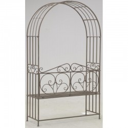 Outdoor garden bench in aged metal with decorative arch, relaxing metal bench and vintage charm