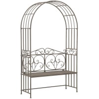 Oude metalen buiten tuinbank met decoratieve boog, metalen bank ontspanning en vintage charme