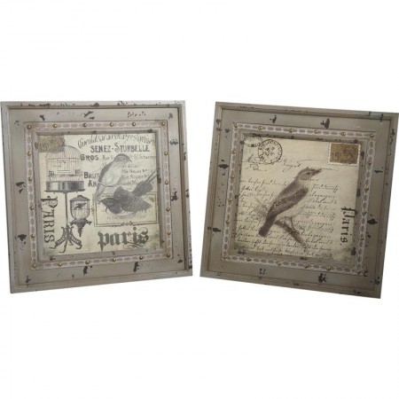 Sett med 2 bord Vintage Birds Frame Grey Aged - Romantic Wall Decor Parisian Style