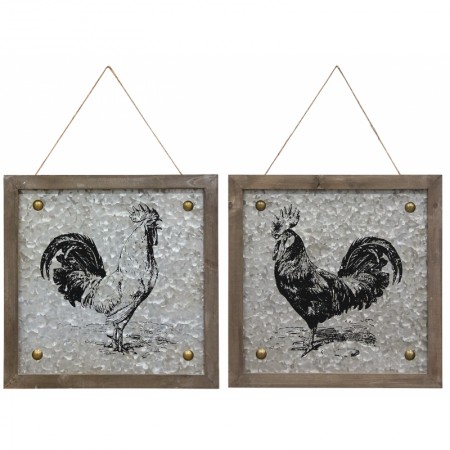 Zestaw 2 ramek ściennych Rooster Metal and Wood, Rustic Decoration Wsi Salon Sypialnia Biuro