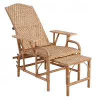 Chaise longue rotin antique pliable et extensible, bain de soleil vintage réglable jardin terrasse