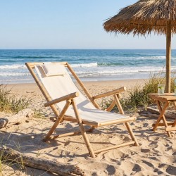 Foldable longchair in bamboo and cotton, adjustable sunbathing garden terrace beach
