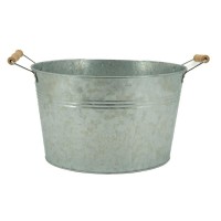 Bassine ovale vintage en métal galvanisé avec poignées en bois, déco rétro, jardin ou maison