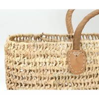Series of 2 natural palm cabas with thick oiled leather handles, chic and durable artisanal bag