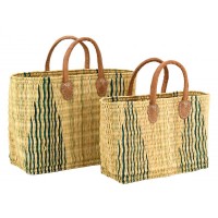 Series of 2 striped natural rush cabas with thick leather handles