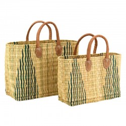 Series of 2 striped natural rush cabas with thick leather handles