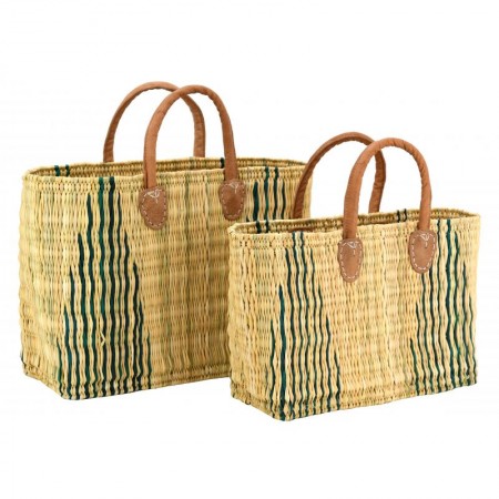 Series of 2 striped natural rush cabas with thick leather handles