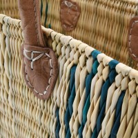 Series of 2 striped natural rush cabas with thick leather handles