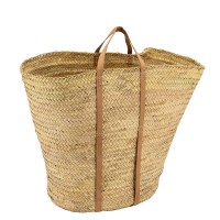 Large couffin bag in palm with leather handles, chic natural basket and durable summer beach market