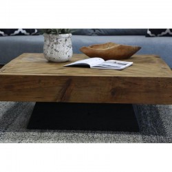 Square recycled pine wood coffee table 100x100 cm – natural style for modern living room
