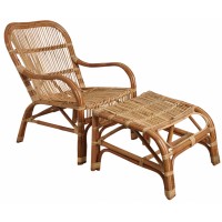 Long chair in raw rattan with footrest, relaxing garden chair and comfortable sunbathing