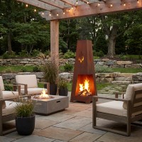 Estufa Chimenea Metal al aire libre Efecto oxidado, Brasero decorativo y moderno Terraza Calefacción