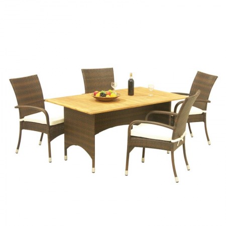 Conjunto de mesa de jardín de madera de teca y resina marrón con 4 sillones cómodos y cojines incluidos