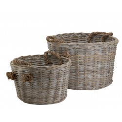 Lot de 2 corbeilles rondes en rotin gris avec anses en corde, rangement décoratif naturel