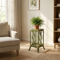 Green Rattan Table Table, Stylish Vintage Plant Holder, Indoor Natural Decor Support 25 x 25 x 50 cm
