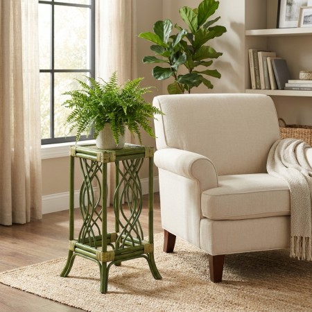 Table sellette en rotin vert, porte-plante vintage élégant, support déco naturel intérieur 25 x 25 x 50 cm