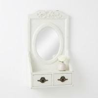 Miroir mural bois blanc mouluré antique avec étagère et 2 tiroirs, verre ovale élégant déco chic