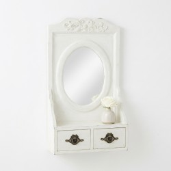 Antieke witte witte houten spiegel met plank en 2 laden, elegant chic deco ovaal glas