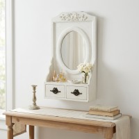 Miroir mural bois blanc mouluré antique avec étagère et 2 tiroirs, verre ovale élégant déco chic