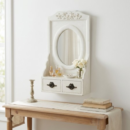 Miroir mural bois blanc mouluré antique avec étagère et 2 tiroirs, verre ovale élégant déco chic