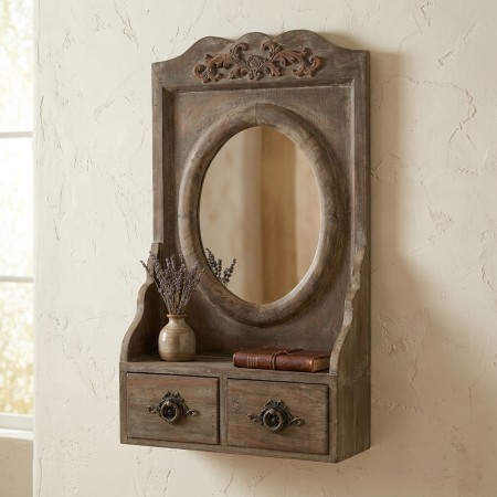 Oval Wooden Wall Mirror Antique Style With Moldings, Shelf and 2 Stylish Drawers
