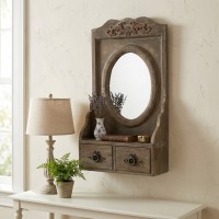 Oval Wooden Wall Mirror Antique Style With Moldings, Shelf and 2 Stylish Drawers