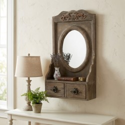 Oval Wooden Wall Mirror Antique Style With Moldings, Shelf and 2 Stylish Drawers