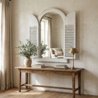 Wall mirror rounded wooden window with louver pane, elegant interior decoration