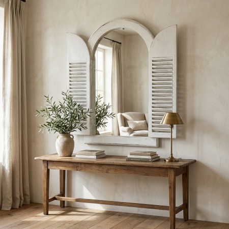 Wall mirror rounded wooden window with louver pane, elegant interior decoration