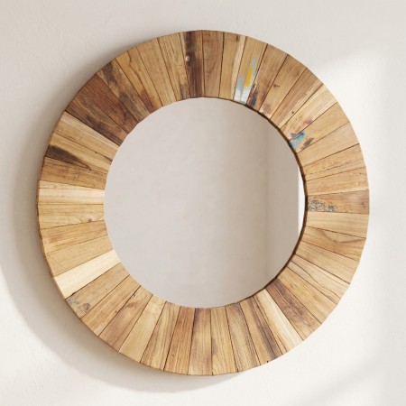 Espelho grande de parede redondo madeira reciclada Ø 77 cm, artesanal rústico para decoração de interiores
