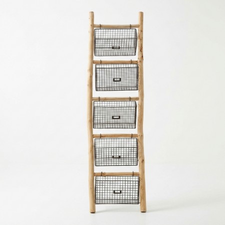 Scala Scaffale in legno con 5 cestini in metallo rimovibili, bagno moderno e deposito interno