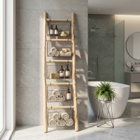 Scala Scaffale in legno con 5 cestini in metallo rimovibili, bagno moderno e deposito interno