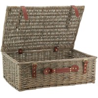 Gray wicker suitcase with leatherette strap, storage box