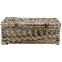 Maleta de mimbre gris con correa de cuero sintético, caja de almacenamiento