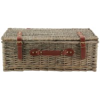 Gray wicker suitcase with leatherette strap, storage box