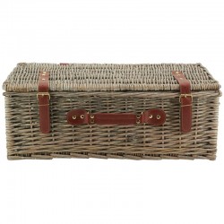 Gray wicker suitcase with leatherette strap, storage box