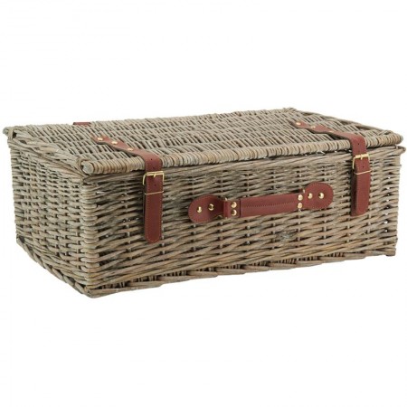 Gray wicker suitcase with leatherette strap, storage box