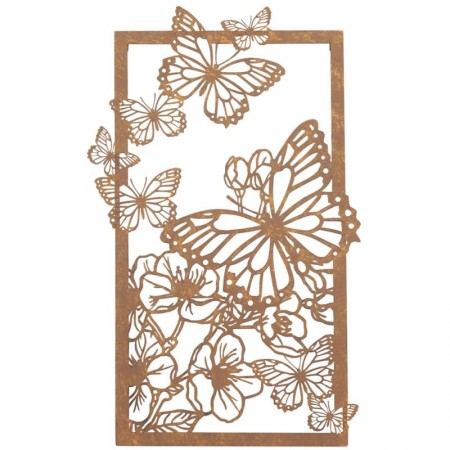 Wall decoration rectangle in aged metal with butterfly decor