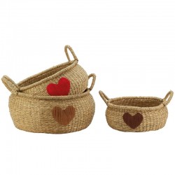 Lot of 3 round bins in natural ring with embroidered heart motifs, storage baskets braided with handles