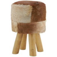 Sgabello per la pelle di capra genuina e piedi in teak, pouf rustico marrone e bianco
