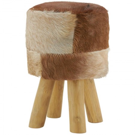Tabouret en Peau de Chèvre Véritable et Pieds en Teck, Pouf Rustique Marron et Blanc