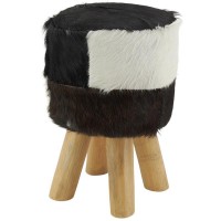 Echter Ziegenhocker und Teakholzfuß, schwarz-weißes rustikales Design-Puff