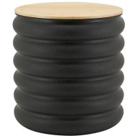 Taburete de tronco de metal negro mate y bambú | Puf de almacenamiento industrial de diseño elegante