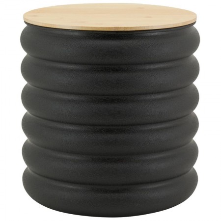 Sgabello di tronco in metallo nero opaco e bambù | Pouf di stoccaggio di progettazione chic industriale