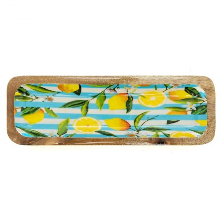 Tray in mangroke and resin Lemon pattern | Large rectangular service tray Blue and yellow striped background